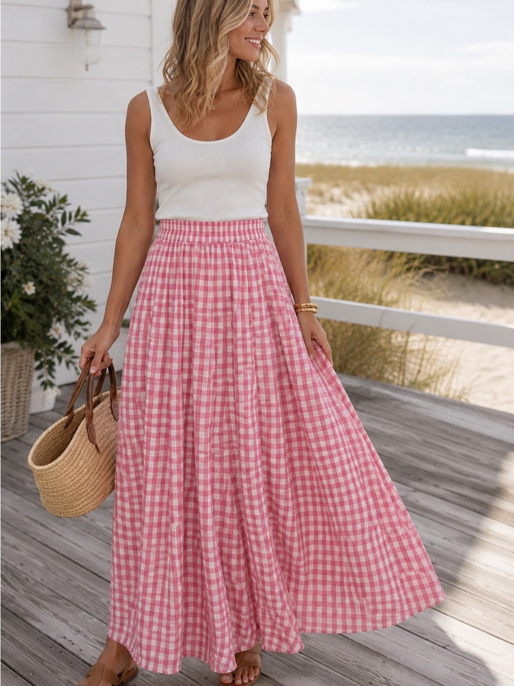 Cato Pink Gingham Maxi Skirt Rayon Cottagecore Pockets Small Summer Cottagecore
